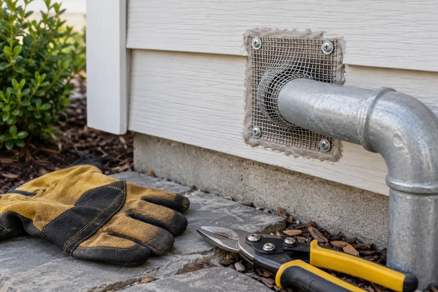 Metal mesh and sealant around an exterior pipe penetration