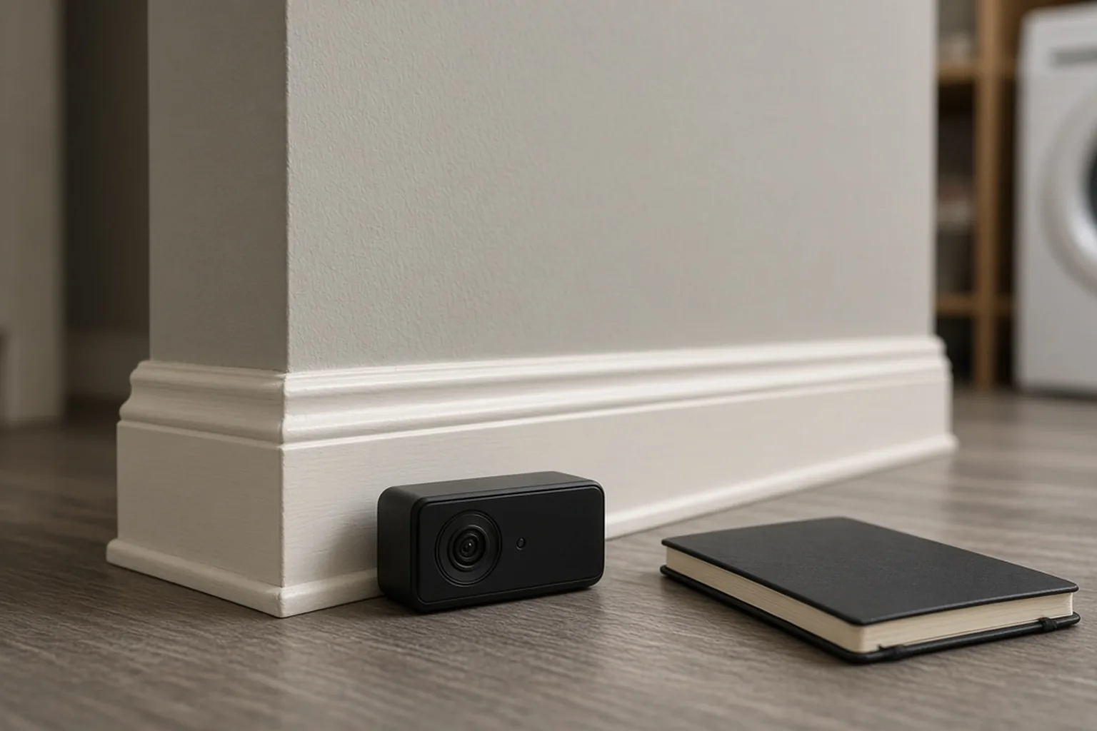 Monitoring station against a utility-room baseboard with a notebook