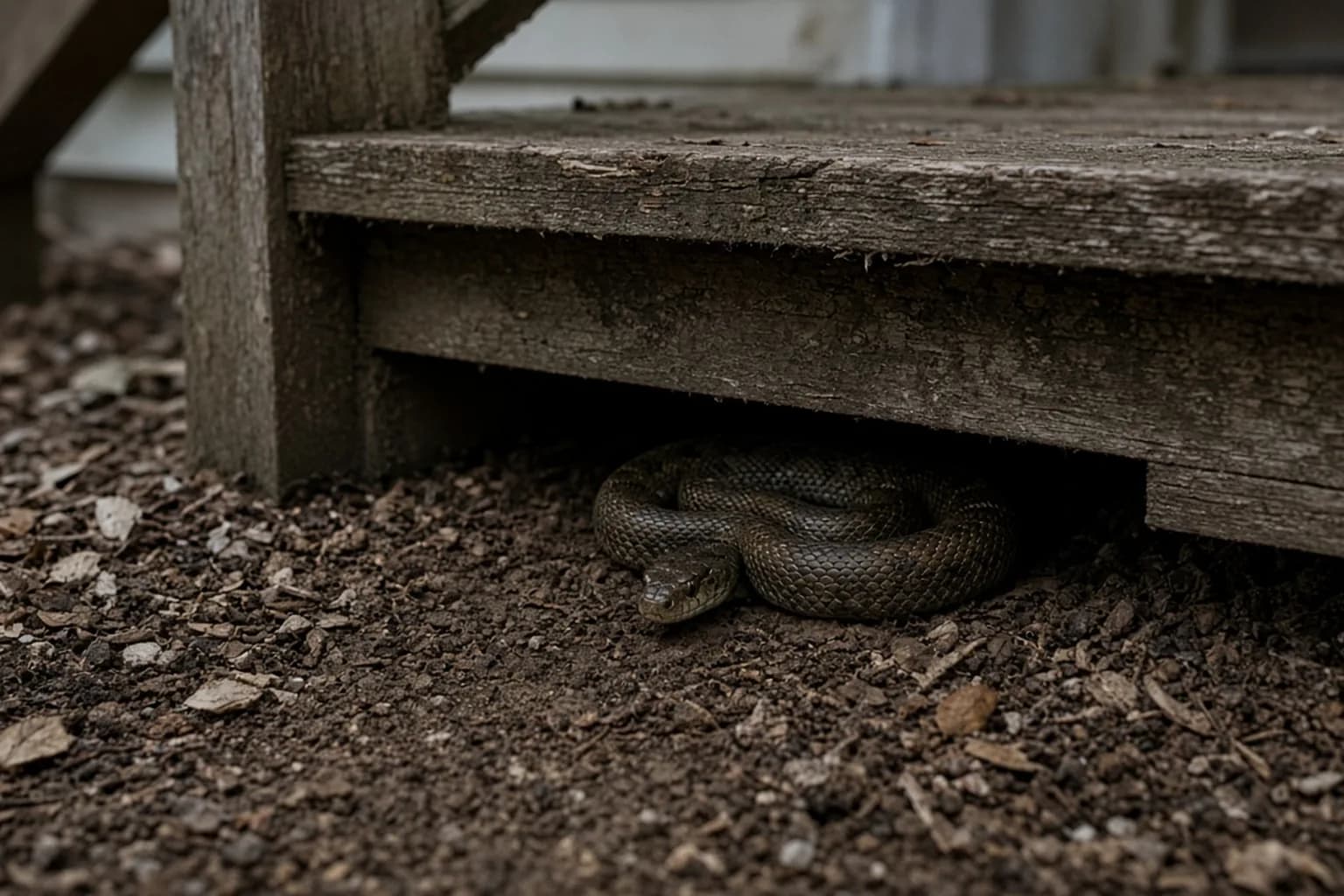 Snake coiled beneath a deck step